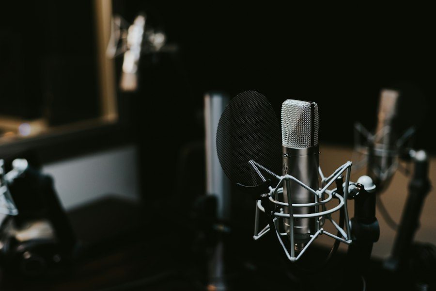 A studio microphone set up in a recording room