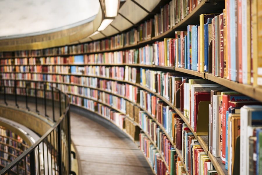 Books on wooden shelves in a library